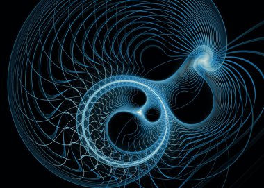 Fraktal iplikler serisi. Kaos teorisi, sanat, bilim, tasarım, geometrik görselleştirme ve fraktal geometri konularında parıldayan, iç içe geçmiş mavi çizgiler.