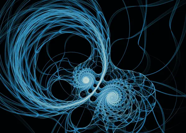 Fraktal patika serisi. Geometrik görselleştirme, fraktal geometri, kaos teorisi, sanat, bilim ve tasarım konularında koyu bir zemin üzerine karmaşık mavi filigran.