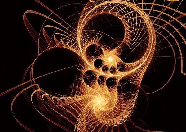 Fraktal patika serisi. Geometrik görselleştirme, fraktal geometri, kaos teorisi, sanat, bilim ve tasarım konularında karanlık bir zemin üzerine karmaşık altın filigran.