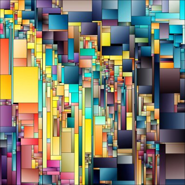 Parçalı Renk serisi. Tasarım, kompozisyon, renk teorisi, görsel sanat ve renk algısına ilişkin dikdörtgen desenler oluşturan üstüste binen gradyan panellerin yaratıcı etkileşimi.