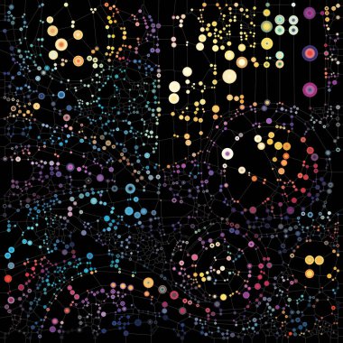 Bağlı gerçeklik serisi. Bağlantı, görsel algı, tasarım birliği, atomik, moleküler ve korusküler teori konularındaki karmaşık kalıplarla birbirine bağlı canlı kürelerin bileşimi.