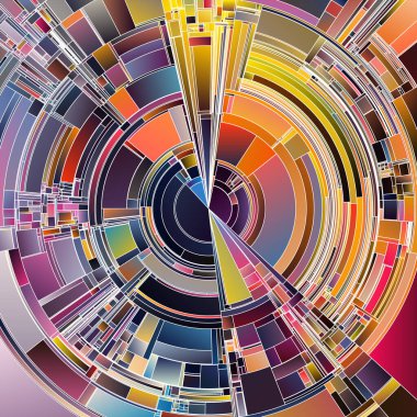 Renkli Tekerlek serisi. Bilim, sanat, konsept tasarım, renk teorisi ve görselleştirme konularında koyu tonsal zıtlıklar ve gradyan dolu geçişler ile geometrik kavislerin yayılması.