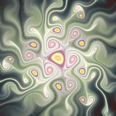 Fraktal girdap serisi. Tasarım, akış görselleştirme, fraktal geometri, kaos teorisi, sanat ve bilim konularındaki kozmik formların genişletilmesi ve daraltılmasının parlak bir tasviri.