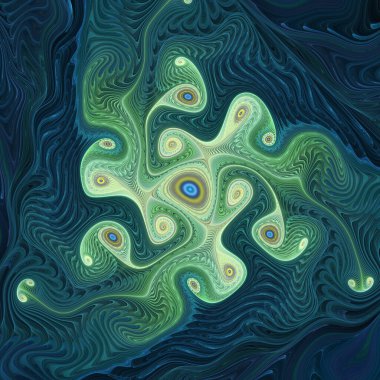 Fraktal Geometri serisi. Görselleştirme, organik geometri, matematik, fraktal tasarım ve bilim konularında ışıldayan küresel anaforların hipnotik bir düzeni..