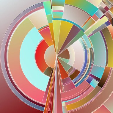 Renkli Tekerlek serisi. Görselleştirme, sanat, bilim, renk teorisi ve tasarım konularında karmaşık tonsal değişimlerle geometrik katmanların genişletilmesi ve kalın açısal desenler.