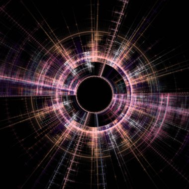 Fraktal Disk serisi. Tasarım, kaos teorisi, fraktal geometri, bilim, sanat ve fraktal alev görselleştirmesi üzerine parlayan merkezi bir tasarımın yapısı.