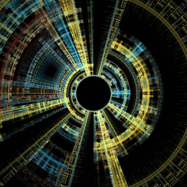 Fraktal Disk serisi. Fraktal geometri, bilim, fraktal alev görselleştirme, tasarım, kaos teorisi ve sanat konularında renkli eşmerkezli elementlerin dizaynı.