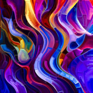 Mozaik tuval serisi. Canlı renklerin ve yapılandırılmış formların dinamik bir bütüne karıştığı görsel olarak meşgul edici soyut bir bileşim..