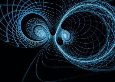 Fraktal iplikler serisi. Sanat, bilim, tasarım, geometrik görselleştirme, fraktal geometri ve kaos teorisi üzerine büyüleyici bir tasarım içinde mavi çizgilerin uyumlu etkileşimi.