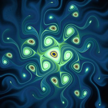 Fraktal Girdap serisi. Organik geometri, matematik, fraktal tasarım, bilim ve görselleştirme konularında parlayan sıvı kalıplarının karmaşık bir düzeni.