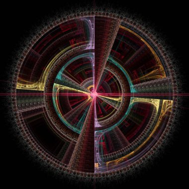 Radyal simetri serisi. Görselleştirme, bilim, matematik, radyal geometri ve fraktal tasarım konularında çok renkli geometrik bir soyutlama.