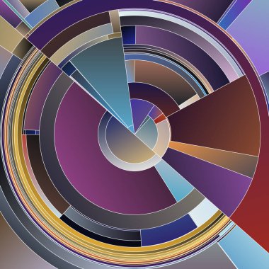 Renkli Dişliler serisi. Renk teorisi, sanat, görselleştirme, bilim ve tasarım konularında dairesel kavisleri kalın tonsal geçişler ve parçalanmış desenlerle üst üste bindirmek.