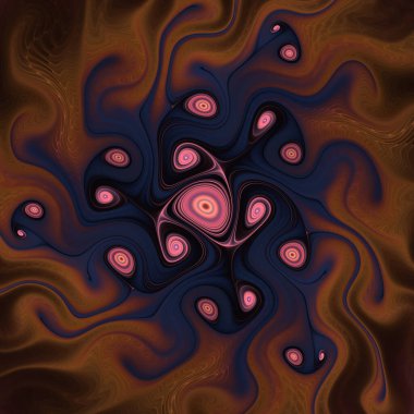 Fraktal Geometri serisi. Görselleştirme, organik geometri, matematik, fraktal tasarım ve bilim konularında kırmızı ve koyu mavi formların akan bir bileşimi.