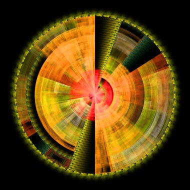 Merkezi Geometri serisi. Bilim, tasarım, fraktal alev görselleştirme, sanat, kaos teorisi ve fraktal geometri üzerine canlı dairesel bir mandalanın bileşimi.