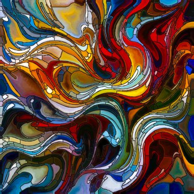 Mozaik tuval serisi. Çelişkili tonlarla ve soyut formlarla dolu karmaşık bir kompozisyon akışkan bir hareket hissi uyandırıyor..