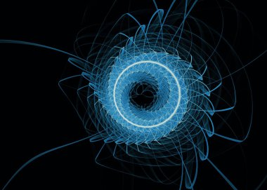 Fraktal Geometri serisi. Görselleştirme, geometri, matematik, fraktal tasarım ve bilim konularındaki mavi parlak elementlerin dinamik akışı.