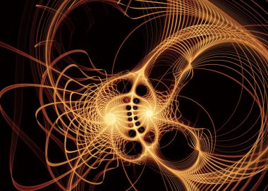 Fraktal Geometri serisi. Bilim, görselleştirme, geometri, matematik ve fraktal tasarım konularında karmaşık bir tasarım içinde birbirine karışmış ışık yolları.