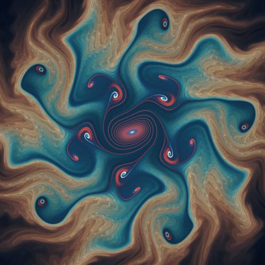 Fraktal Geometri serisi. Matematik, fraktal tasarım, bilim, görselleştirme, organik geometri konularındaki iç içe geçmiş kırmızı ve koyu tonların görsel uyumu.