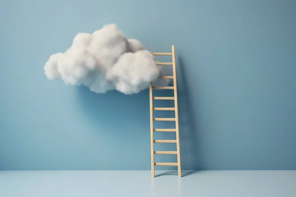 Step ladder leading to the clouds. Goal achievement, development and spirituality concept. Minimal blue composition in expressive colors.