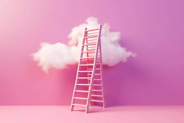 Step ladder leading to the clouds. Goal achievement, development and spirituality concept. Minimal composition in Viva Magenta colors.