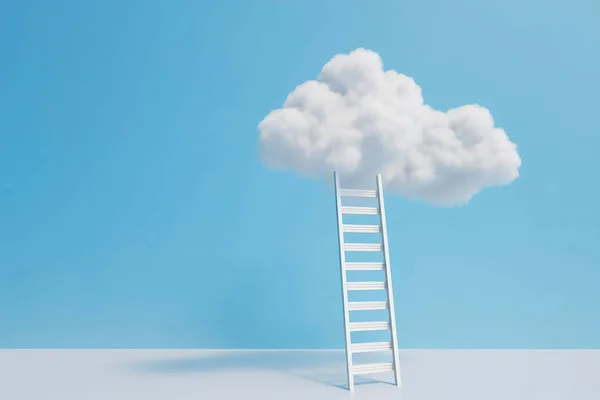 Step ladder leading to the clouds. Goal achievement, development and spirituality concept. Minimal blue composition in expressive colors.