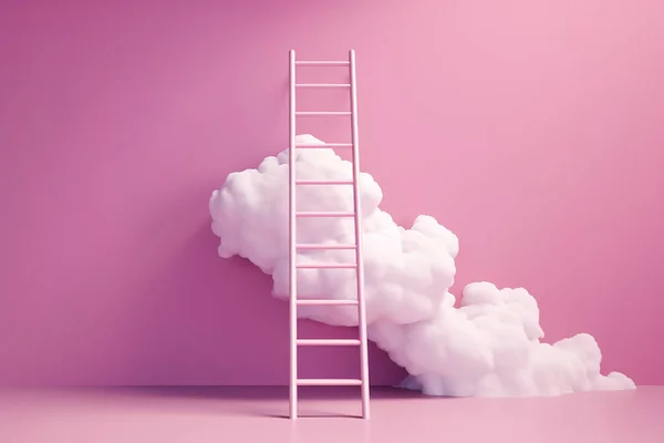 Step ladder leading to the clouds. Goal achievement, development and spirituality concept. Minimal composition in Viva Magenta colors.