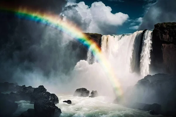 Waterfall with falling water from above and a colorful rainbow in the fog.