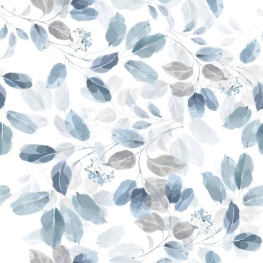 Seamless watercolor pattern of blue leaves and branches...Abstract art background vector.