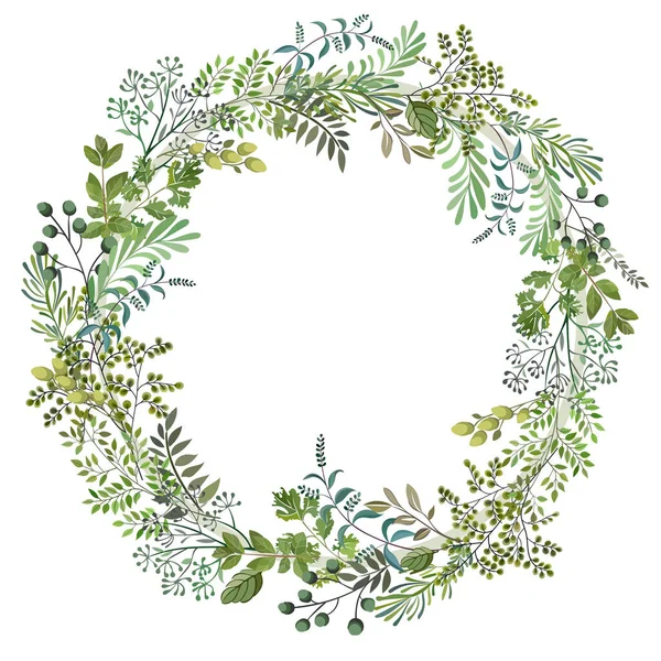 葉を持つ花 白い背景に孤立した丸い花輪 植物性の春のアートプリント 民俗スタイル 春休みのポスター — ストックベクタ