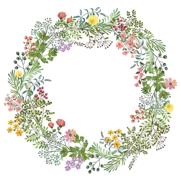 Bloemen Met Bladeren Ronde Krans Geïsoleerd Witte Achtergrond Voorjaarskunstprint Met — Stockvector