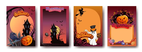 Vectorreeks Halloween Feestuitnodigingen Plaats Voor Tekst Brochure Achtergrond Traditionele Symbolen — Stockvector