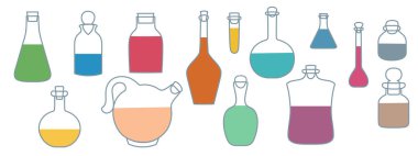 Laboratuvar cam vektörü beyaz arkaplanda izole edildi. Mezuniyet tüpü, deney şişesi ve matara farklı renklerde resimlerle doldurulmuş..