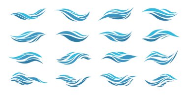 Mavi illüstrasyonu beyaz arkaplanda ayarla. Vektör deseni. Sanat eseri süsü. Su Dalgası Logosu soyut tasarımı