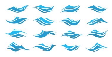 Mavi illüstrasyonu beyaz arkaplanda ayarla. Vektör deseni. Sanat eseri süsü. Su Dalgası Logosu soyut tasarımı