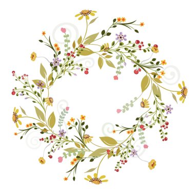 Kır çiçeklerinden, yapraklardan ve böğürtlenlerden yapılan el yapımı dekoratif çelenkler. Mevsimlik ve düğün tasarımı için mükemmel