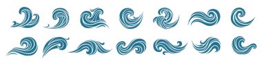 Zarif mavi grafik tarzında minimum okyanus dalgaları seti. Tasarım, baskı veya dijital kullanım için dekoratif su şekilleri. Logo, desen, marka ya da deniz teması için mükemmel..