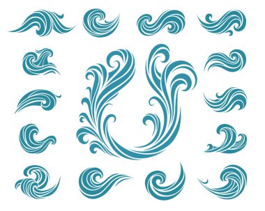 Çeşitli eğri şekillerde biçimlendirilmiş vektör dalga elementleri kümesi. Dekoratif girdaplar ve deniz tasarımı, logo elementleri ve soyut kompozisyonlar için okyanus esinlenilmiş motifler
