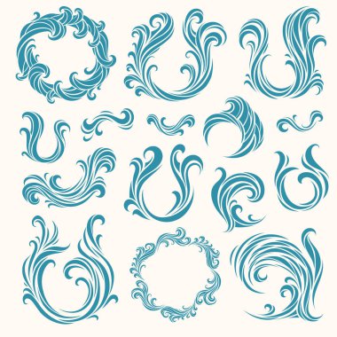 Zengin dekoratif dalga elementleri ve yuvarlak çerçeveler. Soyut kompozisyonlar, ambalaj ve markalaşma tasarımı için barok ve deniz tarzında zarif girdaplar.