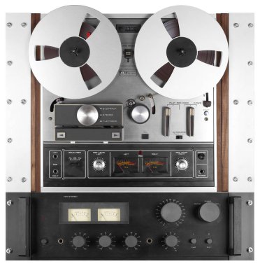 Vintage Music and sound - Retro reel to reel rack tapes recorder and Audio power amplifier isolated white background.