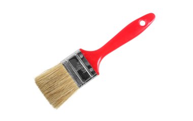 Yapım, onarım, araçlar - Üst görünüm Kırmızı boya fırçası izole edilmiş beyaz arkaplan