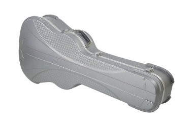 Müzik aleti. Beyaz arka planda gümüş akustik gitar. İzole edilmiş. Yol işçisi burada.