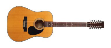 Müzikal enstrüman - Beyaz arka planda izole edilmiş on iki telli klasik akustik gitar. Yol işçisi burada.
