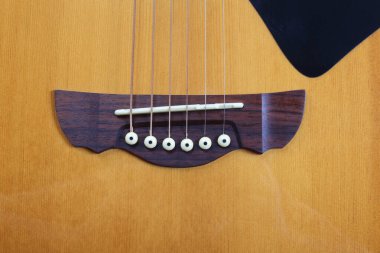 Musical instrument - Closeup top view bridge acoustic guitar, pins and strings.
