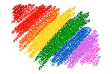 Gökkuşağı spektrumu pastel renkli kalemle çizilmiş karalama çizimleri. Çocuk resimleri boyuyor.