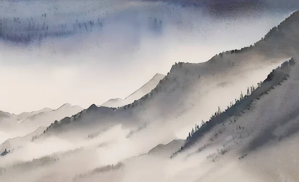 Watercolor mountain painting, misty mountains with their peaks of fog. Blue grey watercolor traditional oriental ink brush wet wash. Wide curve landscape painting background. watercolor illustratio
