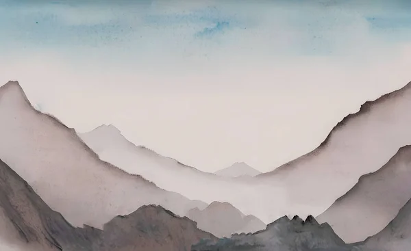 Watercolor mountain painting, misty mountains with their peaks of fog. Blue grey watercolor traditional oriental ink brush wet wash. Wide curve landscape painting background. watercolor illustratio
