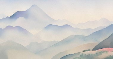 Suluboya dağ resimleri, sisli zirveleri olan sisli dağlar. Mavi gri suluboya geleneksel oryantal mürekkep fırçası ıslak yıkama. Geniş eğri manzara resmi arkaplanı. suluboya çizim oranı