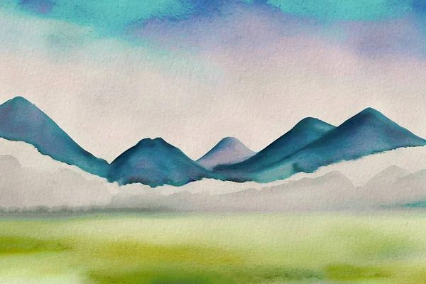 Watercolor mountain painting. Meadow mountains with their peaks fog. Blue grey watercolor traditional oriental ink brush wet wash. Wide curve landscape painting background. watercolor illustratio