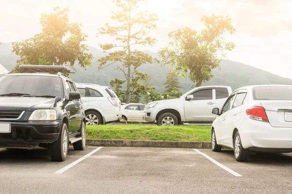 Samochód Zaparkowany Parkingu Asfaltowym Pustym Miejscu Parkingowym Przyrodzie Drzewami Tłem — Zdjęcie stockowe