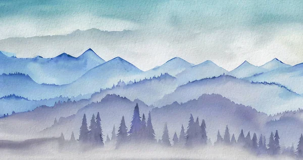Watercolor mountain painting, Pine trees forest misty mountains with peaks fog. Watercolor hills wet wash. Wide curve landscape painting background. watercolor ink illustration, panorama, horizonta